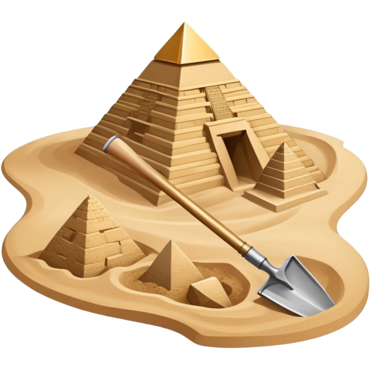 An icon showing archaeological tools like a trowel, brush, and pickaxe placed on sandy ground, with an Egyptian pyramid in the background. The design symbolizes excavation and discovery of ancient history, blending tools and iconic landmarks. Transparent background. emoji
