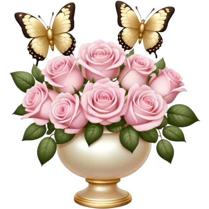 Realistic aesthetic bouquet of light pink roses in a pearl vase and a ivory bow with gold decoration and a butterfly with gold and beige wings emoji