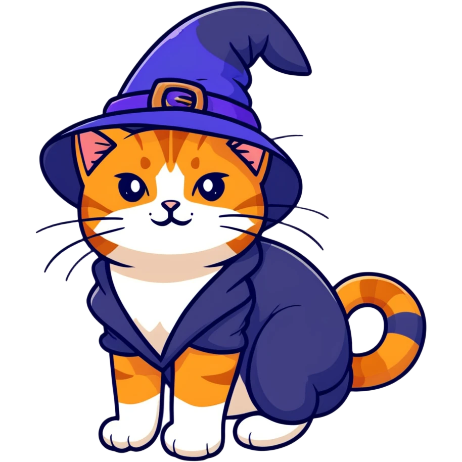 full body ginger tabby cat flopped over on her side wearing an indigo witch hat emoji