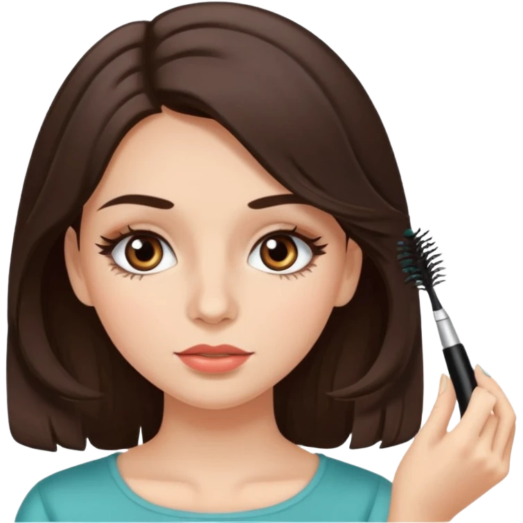 Garota branca de cabelos levemente ondulados castanhos escuros médio aplicando máscara de cílios emoji