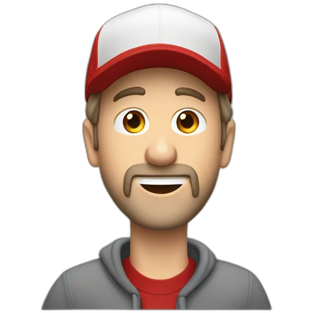 Beardless forty-something white man with a red cap and a red sweatshirt sings into a microphone emoji