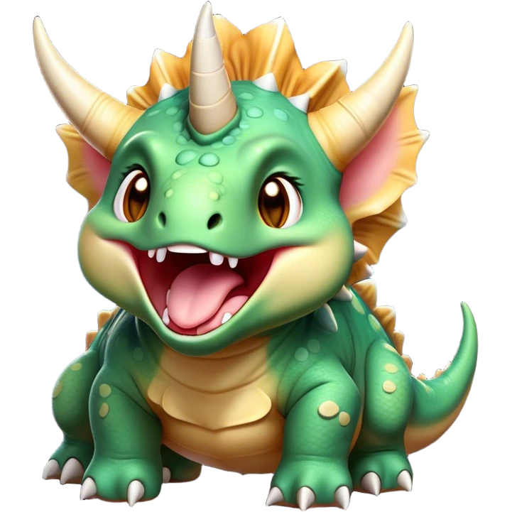 Cinematic Cute Yawning Triceratops Portrait Emoji, Head tilted slightly with a dramatic, wide-open yawn, showcasing a robust, horned body with a frilled head and sleepy, half-closed eyes, Simplified yet irresistibly cute features, highly detailed, glowing with a soft, cozy prehistoric glow, high shine, relaxed yet expressive, stylized with a dash of whimsical ancient charm, soft glowing outline, capturing the essence of a drowsy yet affectionate Triceratops that appears ready to stretch and yawn its way out of the screen! emoji