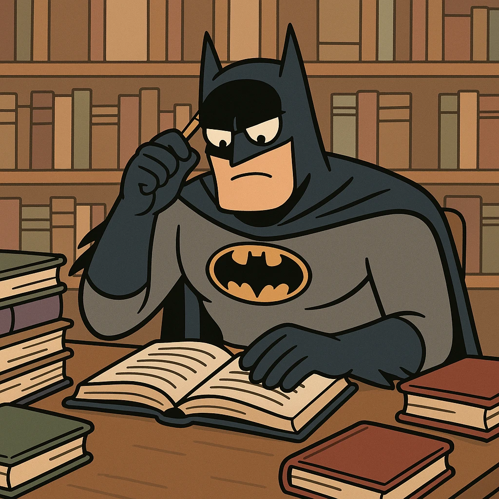 Batman studying in a library, surrounded by books, cartoon style emoji