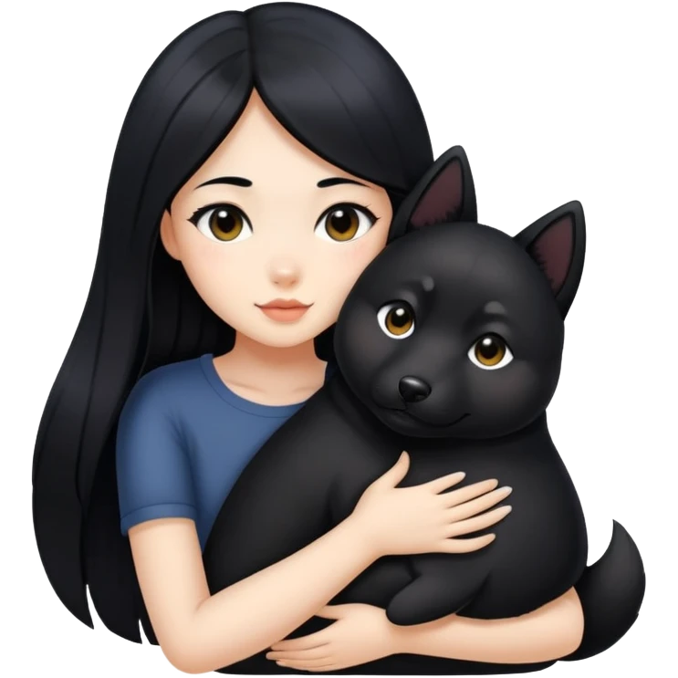 A beautiful girl with long black hair hugs a Black Shiba Lnu emoji