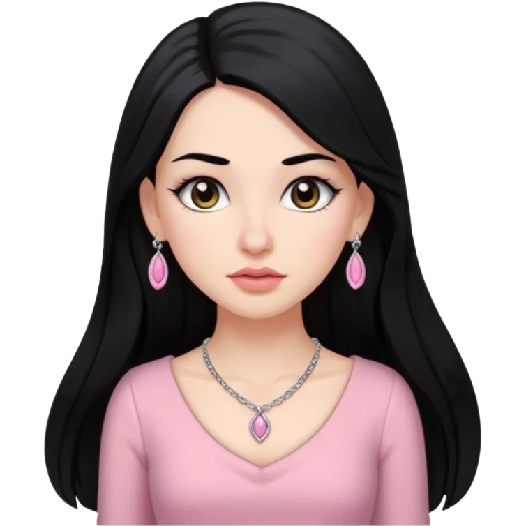 Menina branca ,cabelos pretos longos, olhos pretos puxados para cima. Cílios longos, lábios grossos ,nariz pequeno ,vestido rosa claro de alça. Colar e brinco bem pequeno emoji