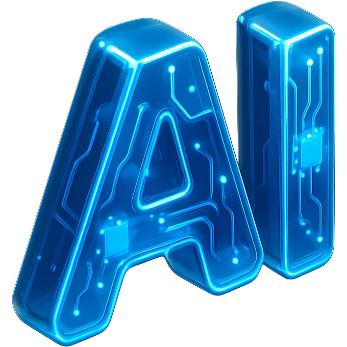 letters 'AI' in a modern, tech-inspired style, glowing blue, transparent background emoji