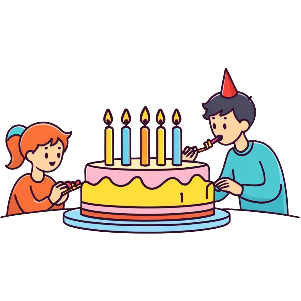 a person blowing out candles on a birthday cake, cartoonish sticker style emoji