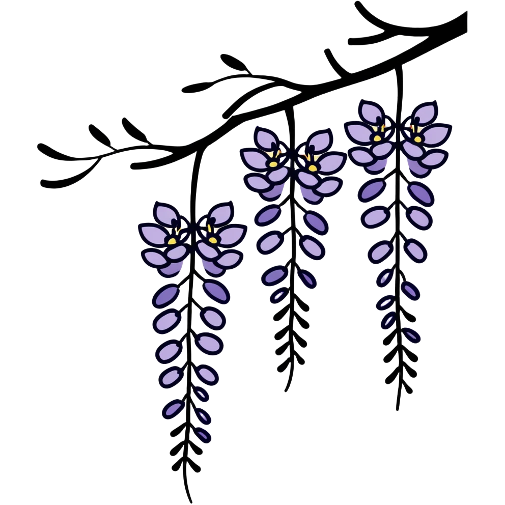 Artistic Japanese wisteria (fuji) flower with sumi-e inspired brush strokes, hanging lavender bloom clusters, zen minimalist aesthetic with subtle ink wash background emoji
