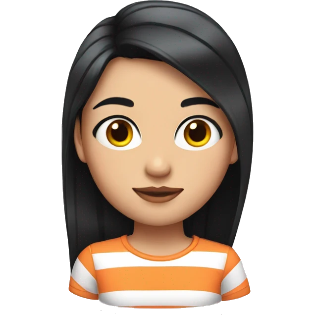 girl with long black hair wearing a striped t-shirt and an eyebrow with a shaved line emoji