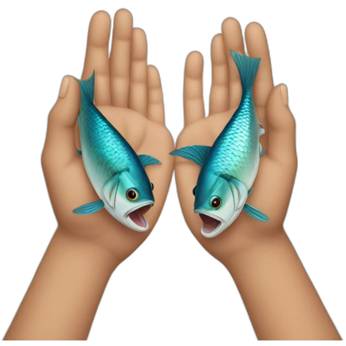 Two hands trying to hold a fish emoji