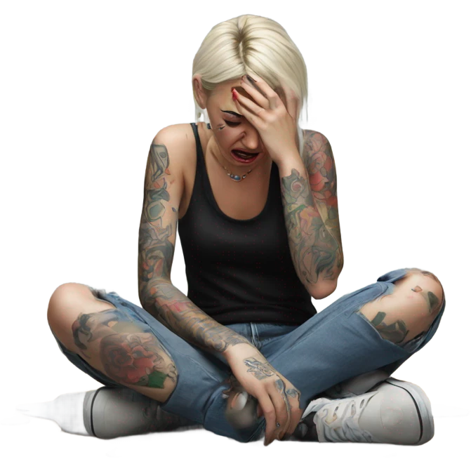 Hyper Realistic Beautiful tattooed woman crying sadly on the floor  emoji