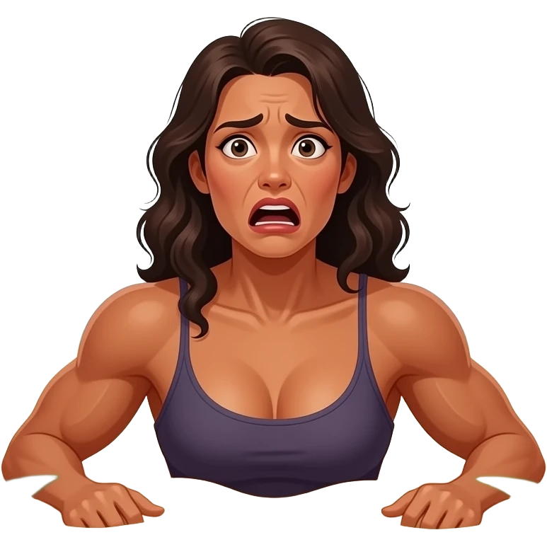 a terrified deeply tanned shirtless muscular woman chest deep in quicksand with jungle trees around her emoji