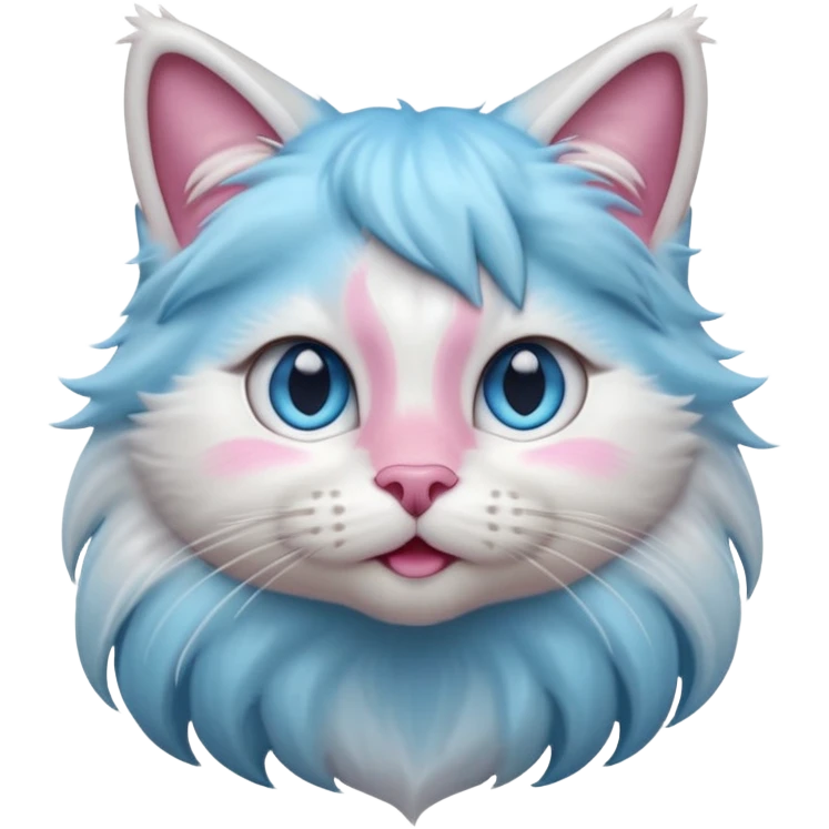 A cute fluffy long-haired cat face emoji, grey and white bicolor fur, thick white mane around the neck, stunning icy blue eyes, pink nose, long whiskers, looking up slightly, soft lighting, 3D Apple style emoji, high detail. emoji