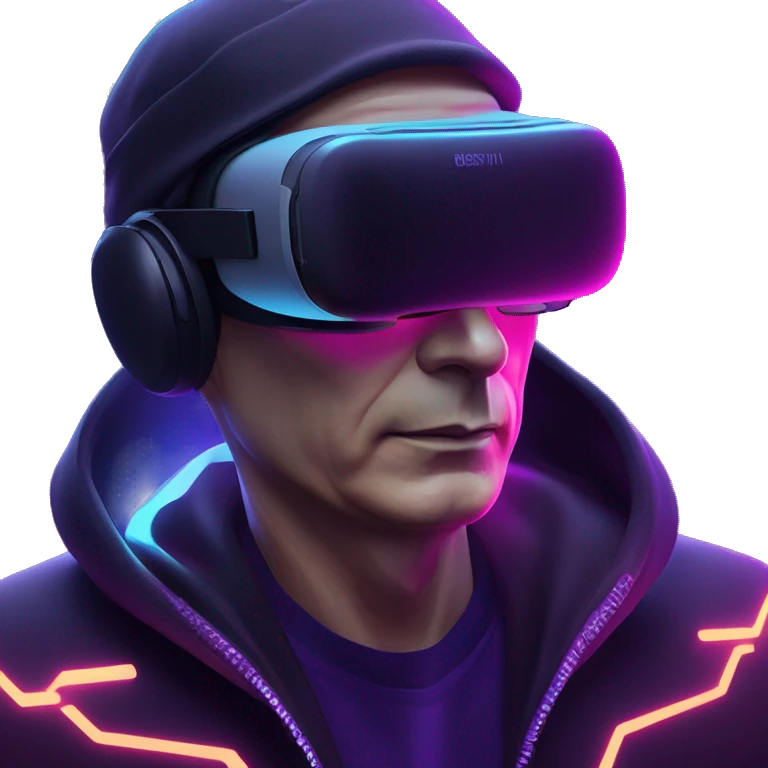 Vladimir Putin wearing a black hoodie with "OMG" letters on it and VR headset oculus quest 2 in a cyberpunk VR environment with violet neon lighting. emoji
