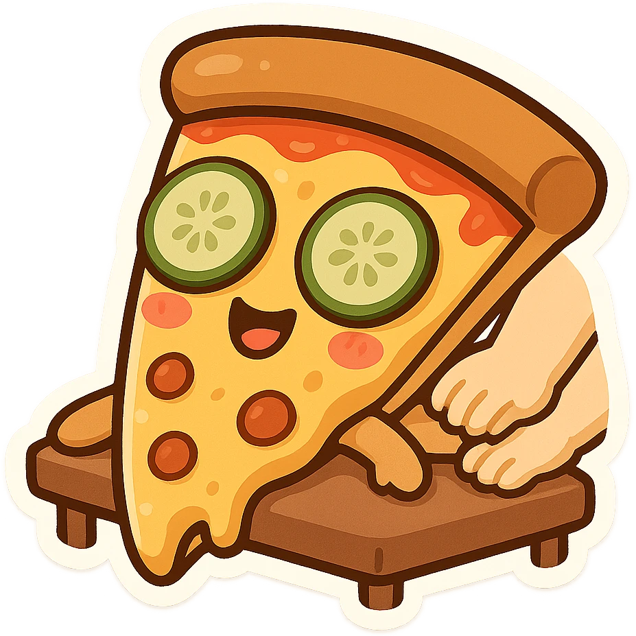 happy pizza slice with cucumber slices on its eyes, enjoying a spa massage, cute and lighthearted emoji