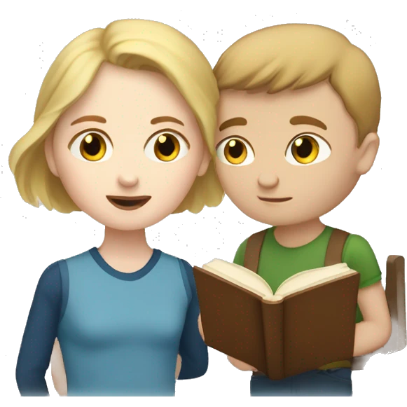 a woman with brown hair and pale skin site and read a book to a young boy with pale skin and blonde hair emoji