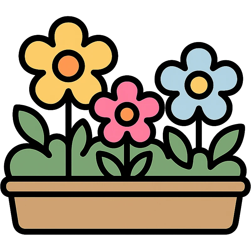 flower bed stylized with cartoonish flowers and soft pastel colors, color outline icon style emoji