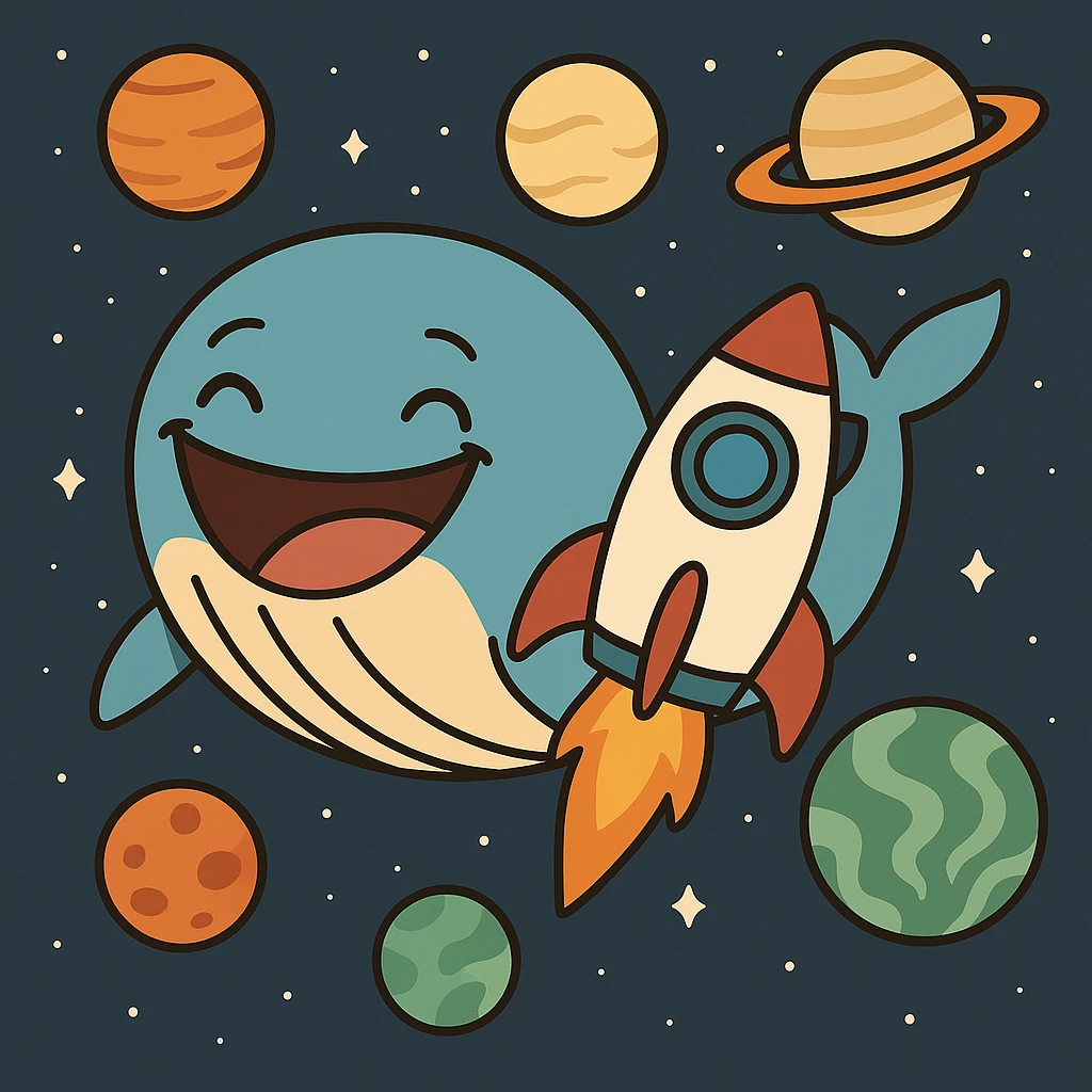 Add a cartoon rocket ship next to the smiling whale in space, keeping the cartoon style and planets. emoji