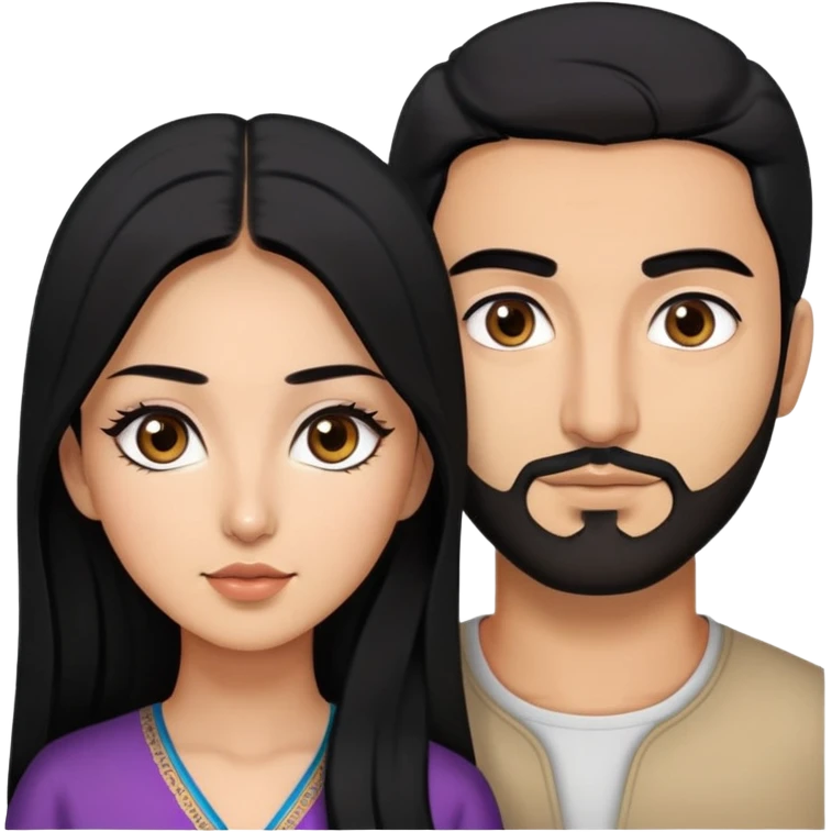 Persian and Korean woman with black hair, long eyelashes, and tan skin, and a Arab man with light brown skin and dark eyebrows  emoji