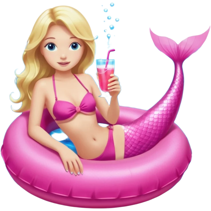  woman with blonde hair and blue eyes sitting in a pink pool tube in a blue pool sipping a drink wearing a pink bikini top and a pink mermaid tail  emoji