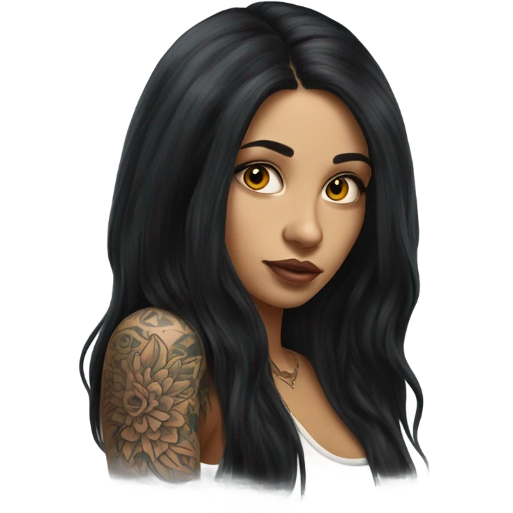Hyperrealistic beautiful Latin girl with tattoos, with long black hair  emoji