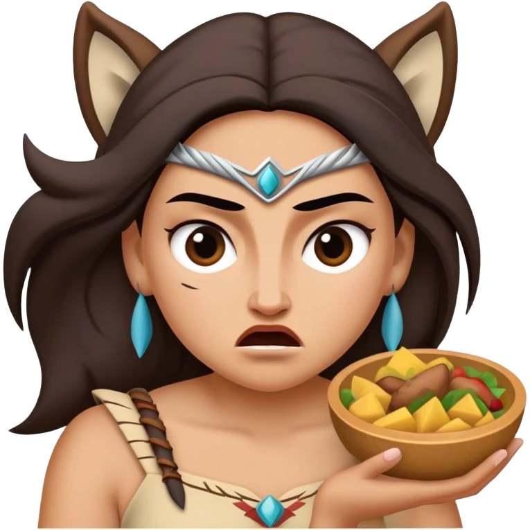 Cinematic Funny Pocahontas Portrait Emoji, Looking bewildered as Meeko steals her food, one brow raised in playful frustration, a warrior princess caught in a hilariously relatable moment, wild yet endearing! emoji