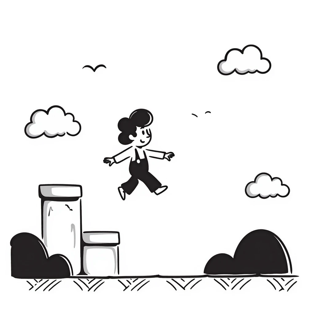 pixel art of a retro side-scrolling video game scene with blocks, platforms, clouds, and a character jumping, 8-bit Game Boy style, Mario world emoji