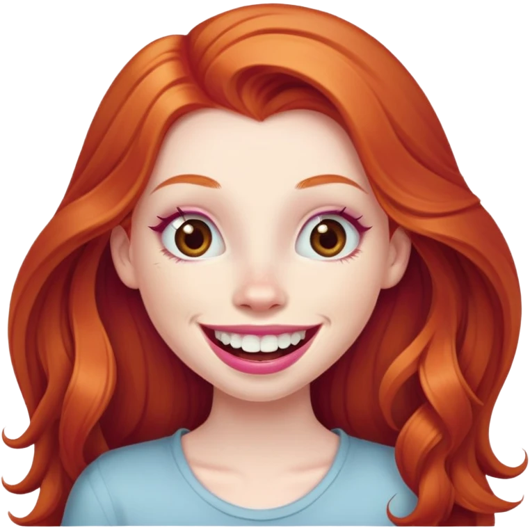 Young girl with pale skin, longer face, full pink lips smiling with big teeth, very long ginger red hair, big brown eyes, bigger nose, big mouth emoji