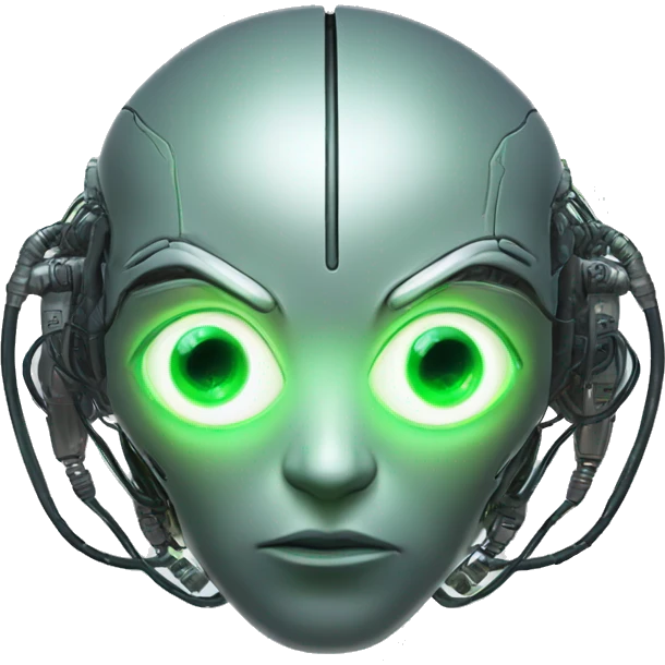 Round Alien cyborg head with glowing wires and green eyes  emoji