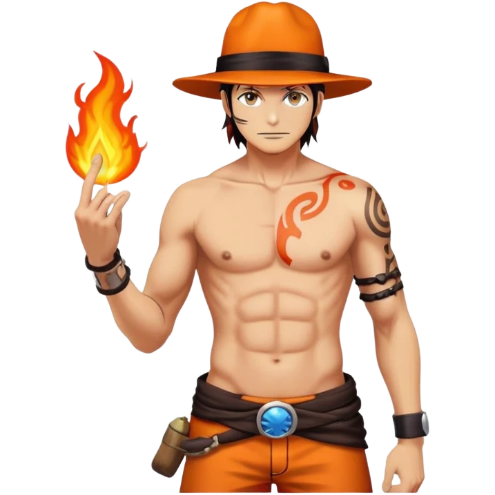 Portgas D. Ace with orange hat, shirtless with ASCE tattoo, fire powers emoji