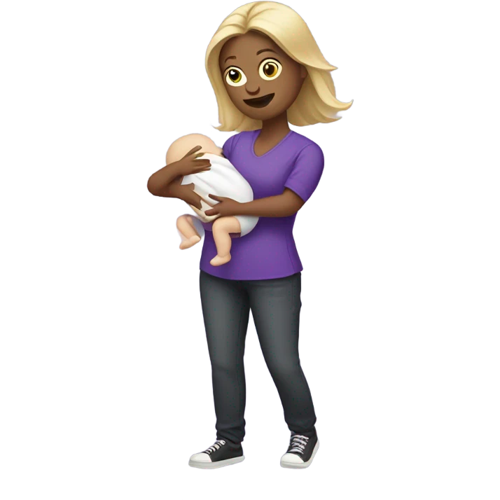 White Women in purple shirt rocking baby, but money instead of baby emoji