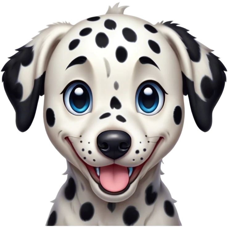 Cinematic Comical Spotted Dalmatian Portrait Emoji, Head tilted dramatically with an exaggeratedly shocked or amused expression, featuring a striking Fur of predominantly white with vivid black patches, wide, expressive blue eyes filled with playful disbelief, Simplified yet hilariously expressive features, highly detailed, glowing with a slightly sassy glow, high shine, dramatic yet playful, stylized with an air of cheeky charm, bright and endearing, soft glowing outline, capturing the essence of a spirited and over-the-top guardian, so meme-worthy it feels like it could side-eye its way into internet fame instantly! emoji