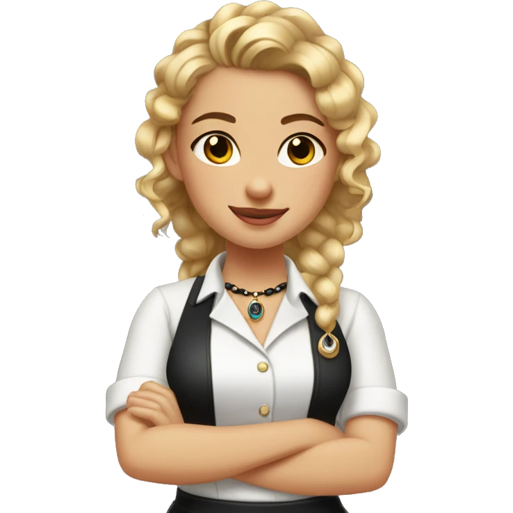 Waitress with white shirt and black apron, curly dirty-blonde hair in a pony tail, hazel eyes, LOTS of bohemian jewelry and bracelets  emoji