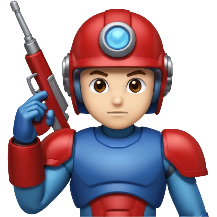 mega man but with the color rootbeer brown shiny like metal with arms for guns and a dark shiney red healmet emoji