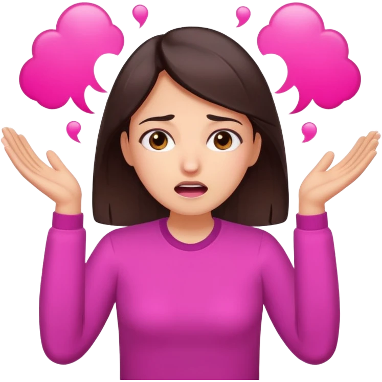 Social media manager. She has dark brown hair, brown eyes,stressed expression, exhaling deeply, hands slightly raised showing frustration. Use vibrant colors with a focus on pink and fuchsia tone emoji