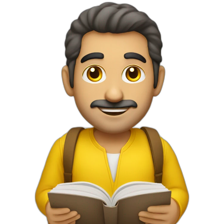 Armenian men with the yellow clothes reading book and looking at camera and smiling  emoji