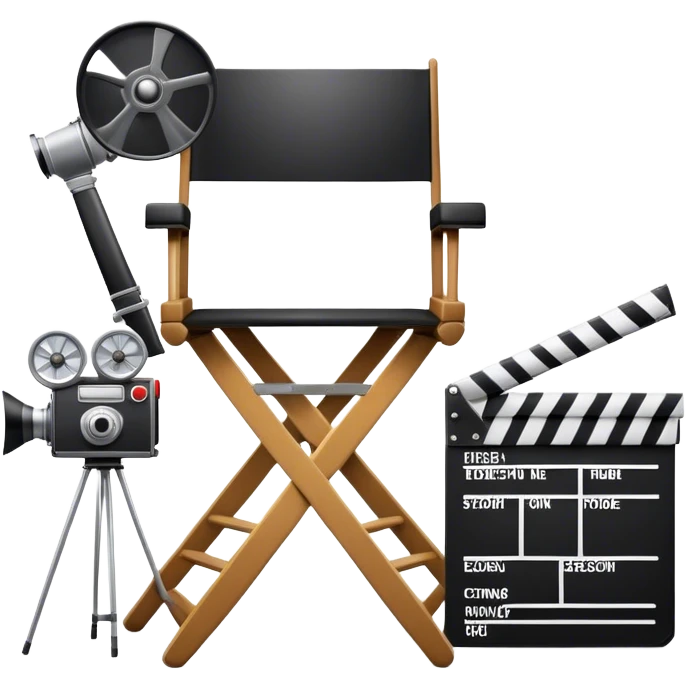 Icon for Directing: a director's chair, a film clapperboard, large movie camera, vintage megaphone and a stage with a spotlight. The icon should represent the creative and organizational aspects of directing, with focus on storytelling, staging, and performance. Transparent background. emoji