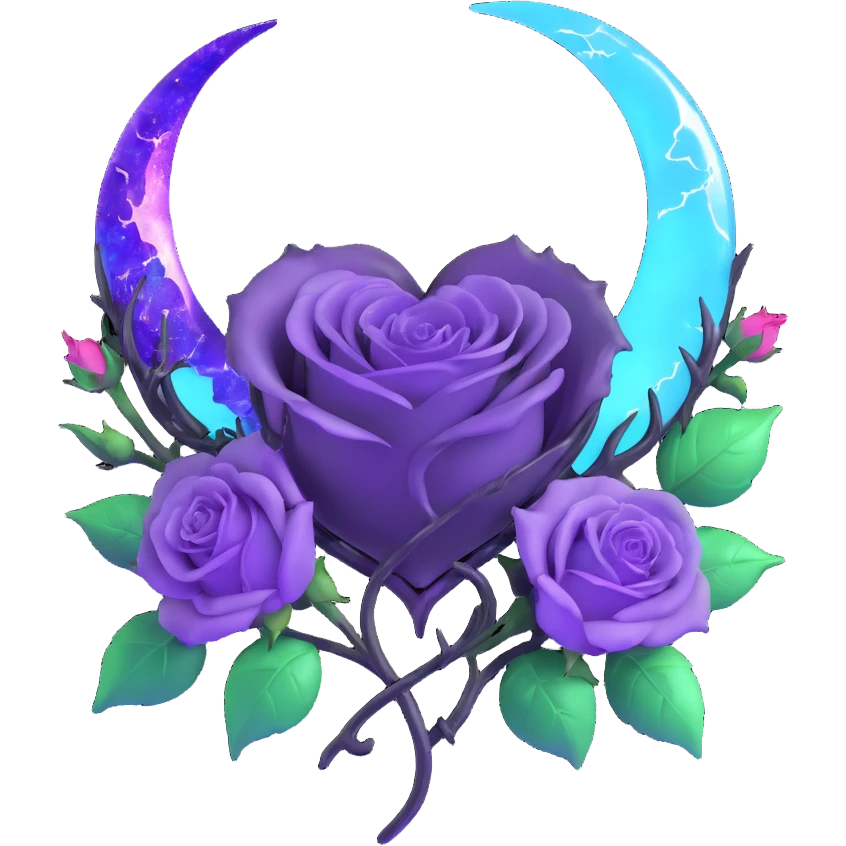 gothic heart made of translucent lavender glass, silver crescent moon, glowing violet roses, holographic stardust, neon cyan lightning, drenched and splintered glass emoji