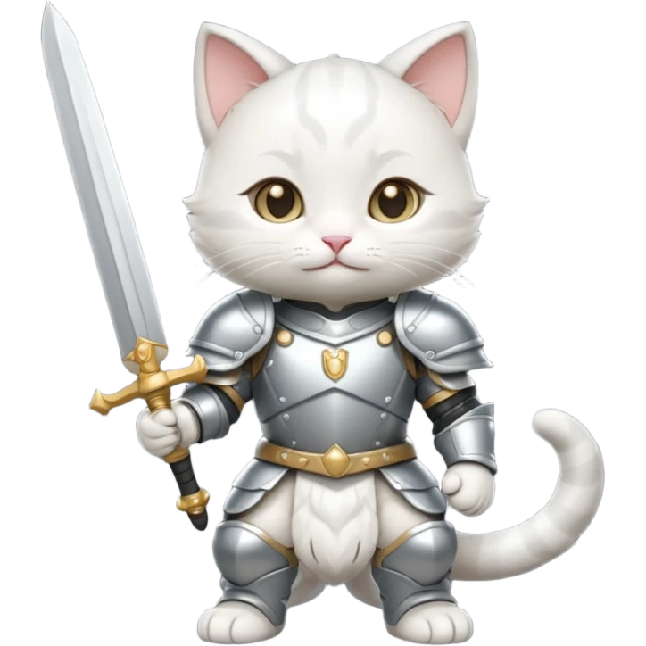 baby chibi white cat in silver armor, full body, smile, hold sword emoji