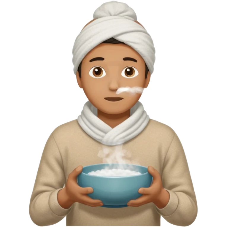 чоловік що дихає парою над мискою в теплій кофті і з полотенцем на голові висить з лівої сторони на праву, двома руками тримаючи миску emoji