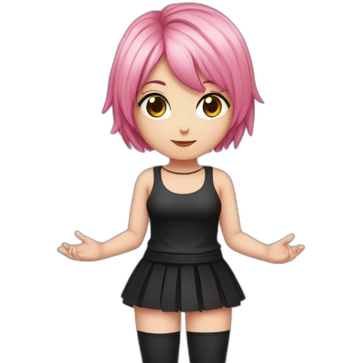 Full body Front view curvy emo girl pink hair sits on the floor straight view hands up black skirt белые трусики emoji