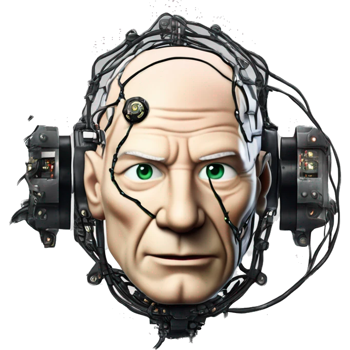 Jean luc picard from Star Trek assimilated by the Borg, with mechanical metal covering the left side of his face, with wires and a red light on the side emoji
