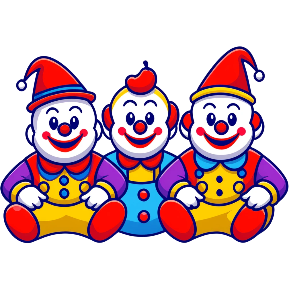 two clowns playing musical chairs, whimsical cartoonish style emoji