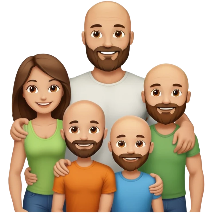 Happy Muscular Bald beard man and his hot wife with long brown hair and 3 sons emoji