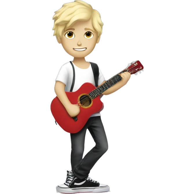 blonde boy with guitar indoors in Vans emoji