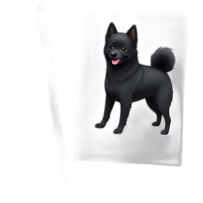 Black schipperke with only black hair, mid length hair with tongue stuck out and dark brown eyes emoji