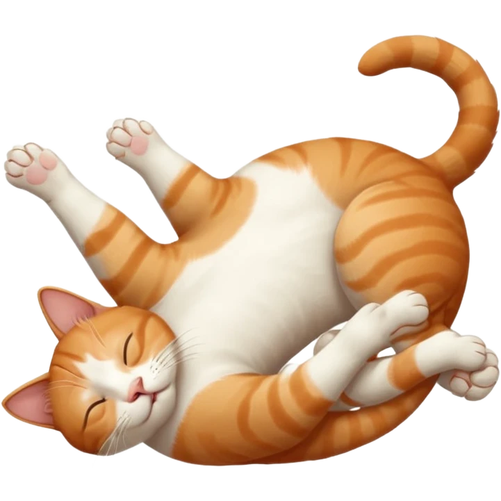 ginger and white small cat eyes closed lying down upside down with paws stretched out in different directions emoji