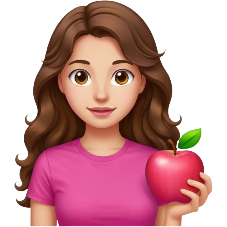 A young woman with long, wavy brown hair. She is wearing a vibrant pink T-shirt.  apple emoji style emoji