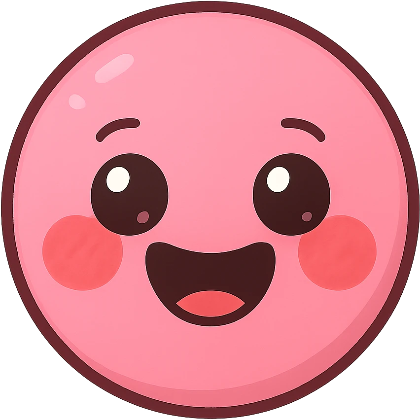 a new cute pink emoji, original design, round shape, big eyes, blushing cheeks, joyful expression emoji