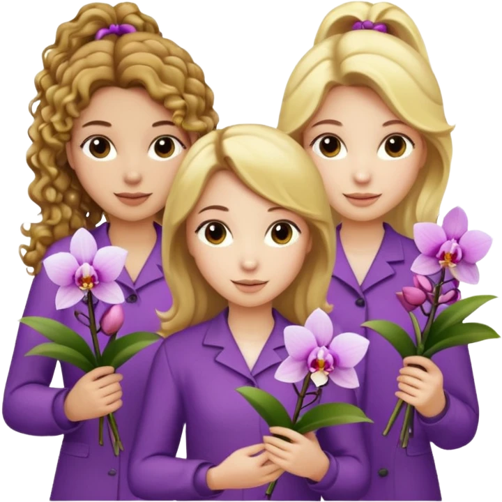 3 female musketeers, one with brown curly hair, one with straight blond hair, one with blond hair in pony tail, all holding orchids emoji
